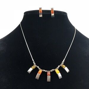Tri Color Amber Sterling Silver Necklace & Earring